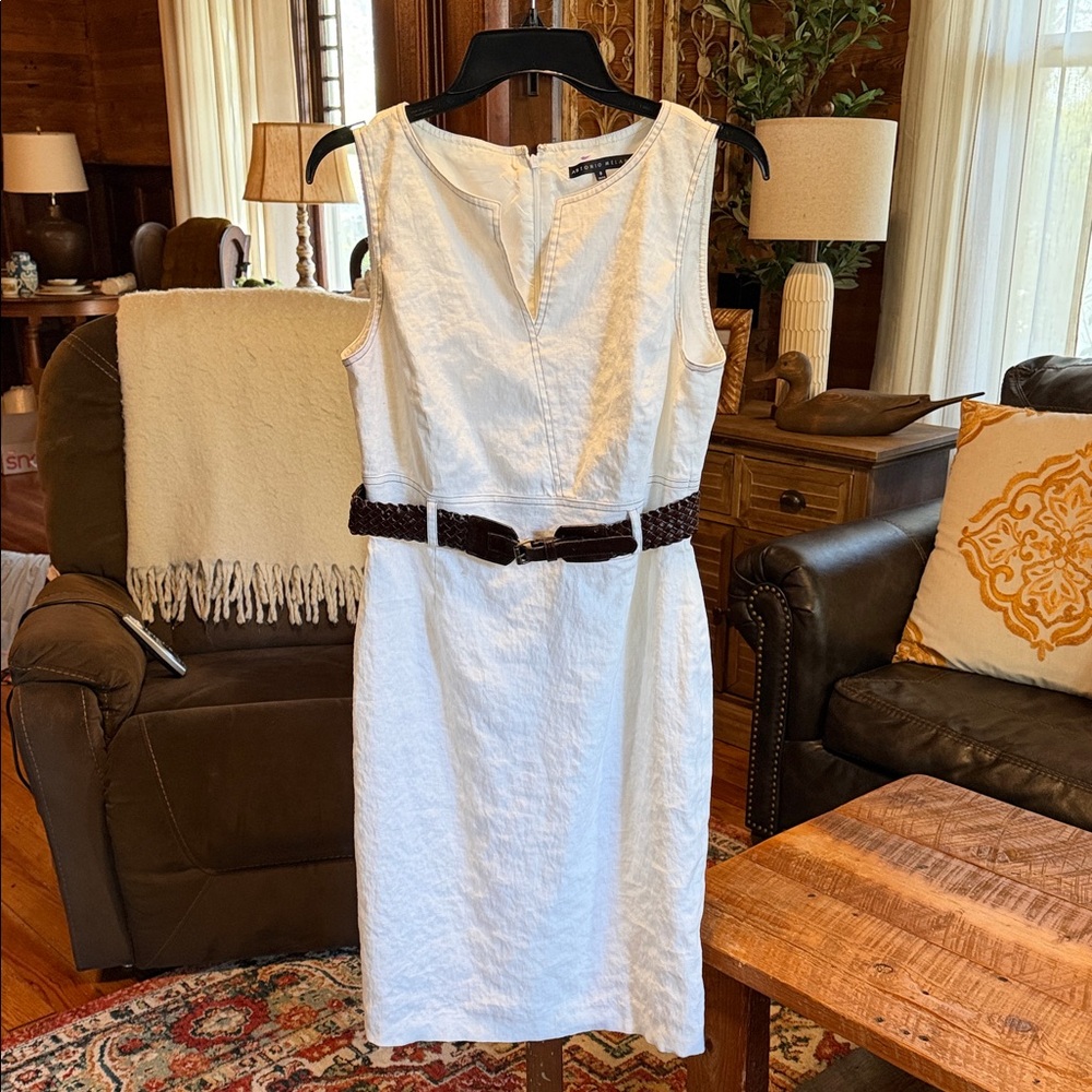 ANTONIO MELANI White Sleeveless Midi Dress with Brown Braided Belt